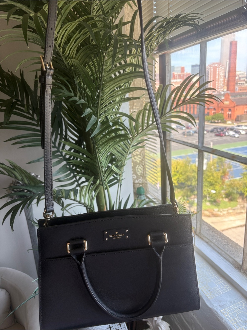 kate spade Black Leather Structured Satchel with Removable Strap